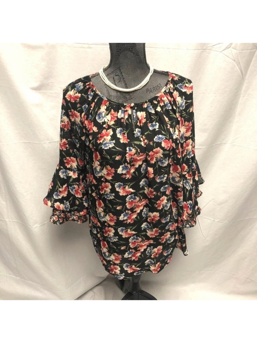 Chaps Top Size Small Black Floral Bell Sleeve Blouse Peasant Boho